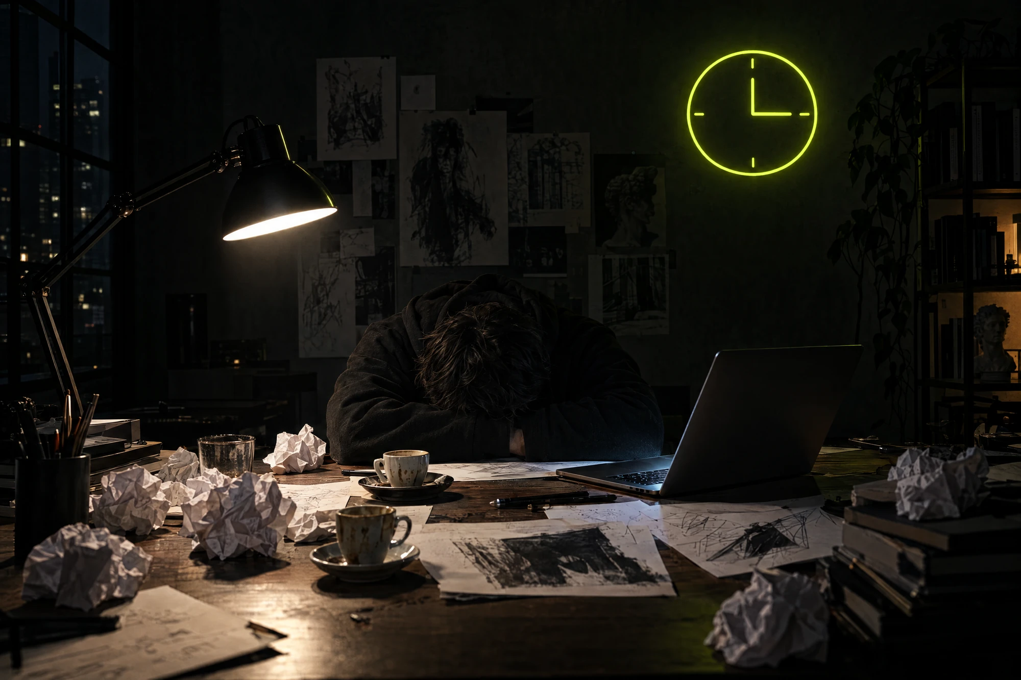 Uitgeputte creatieveling om drie uur 's nachts tussen verfrommeld papier, met een neon klok aan de muur