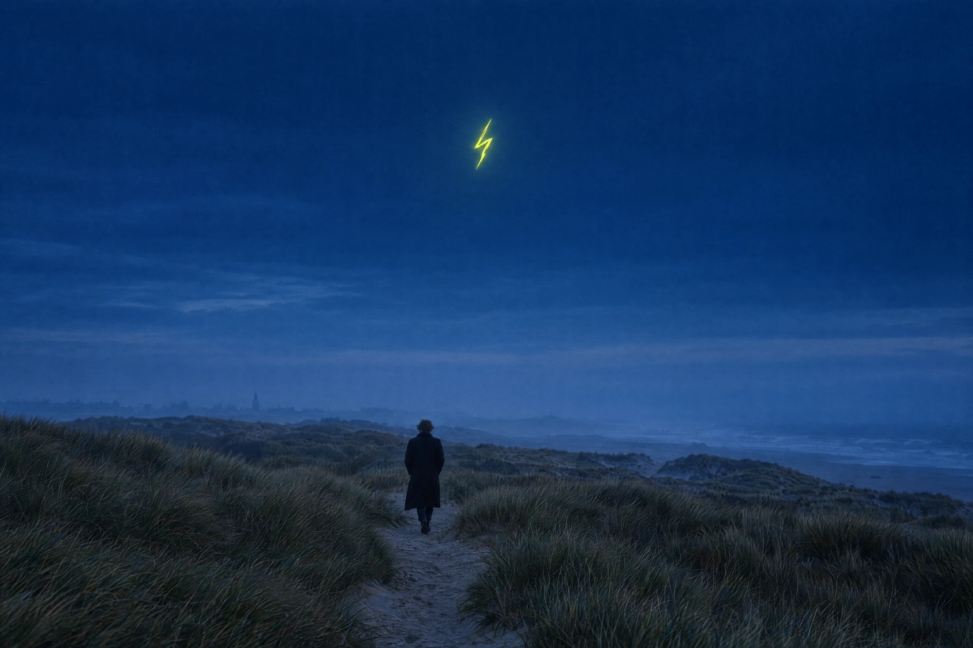 Wandelaar in de duinen bij Haarlem tijdens het blauwe uur, met een neon ideeflits in de lucht