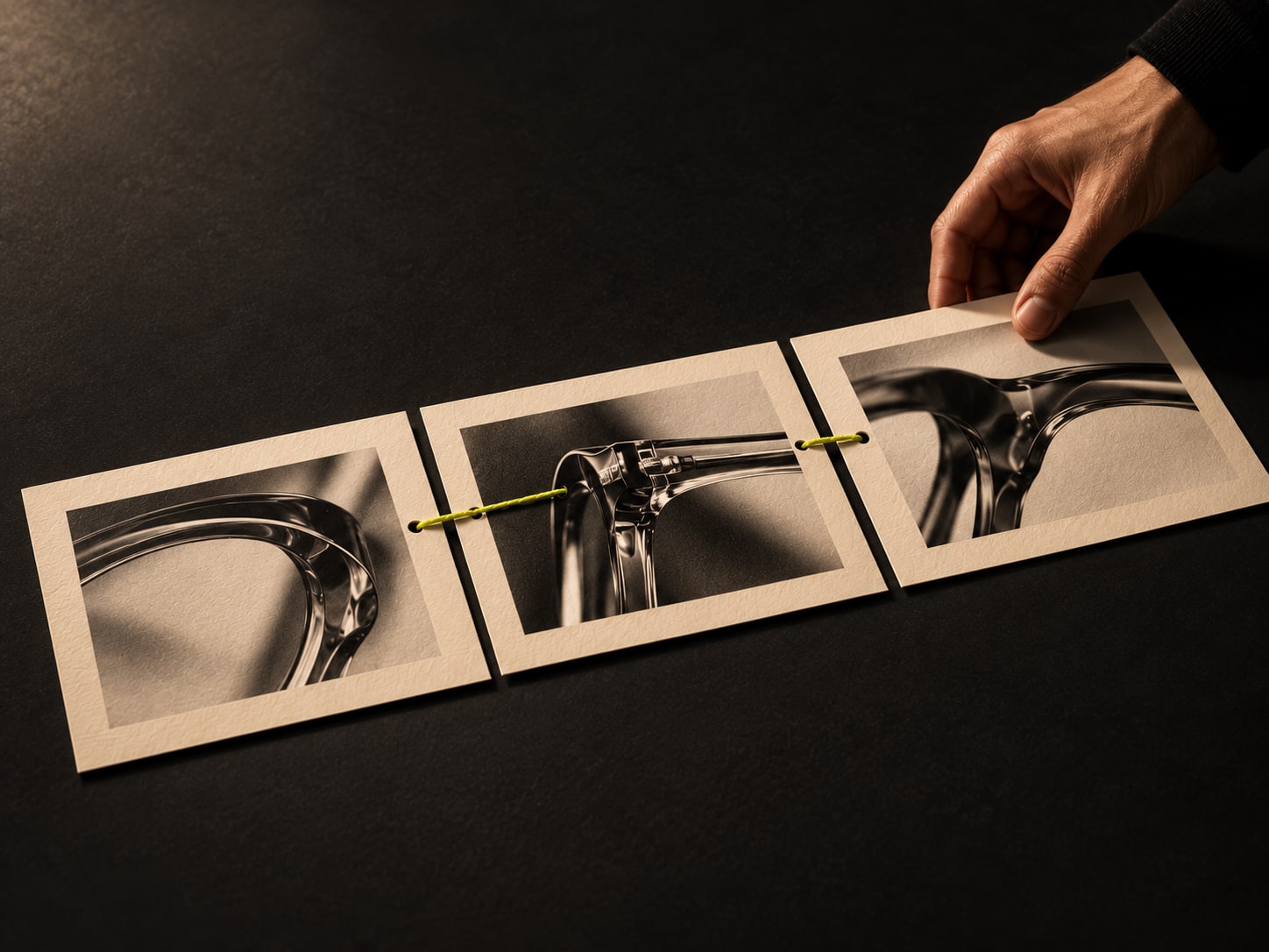 Een hand verbindt drie kaarten met details van brillen via een neongele draad op een donkere werktafel
