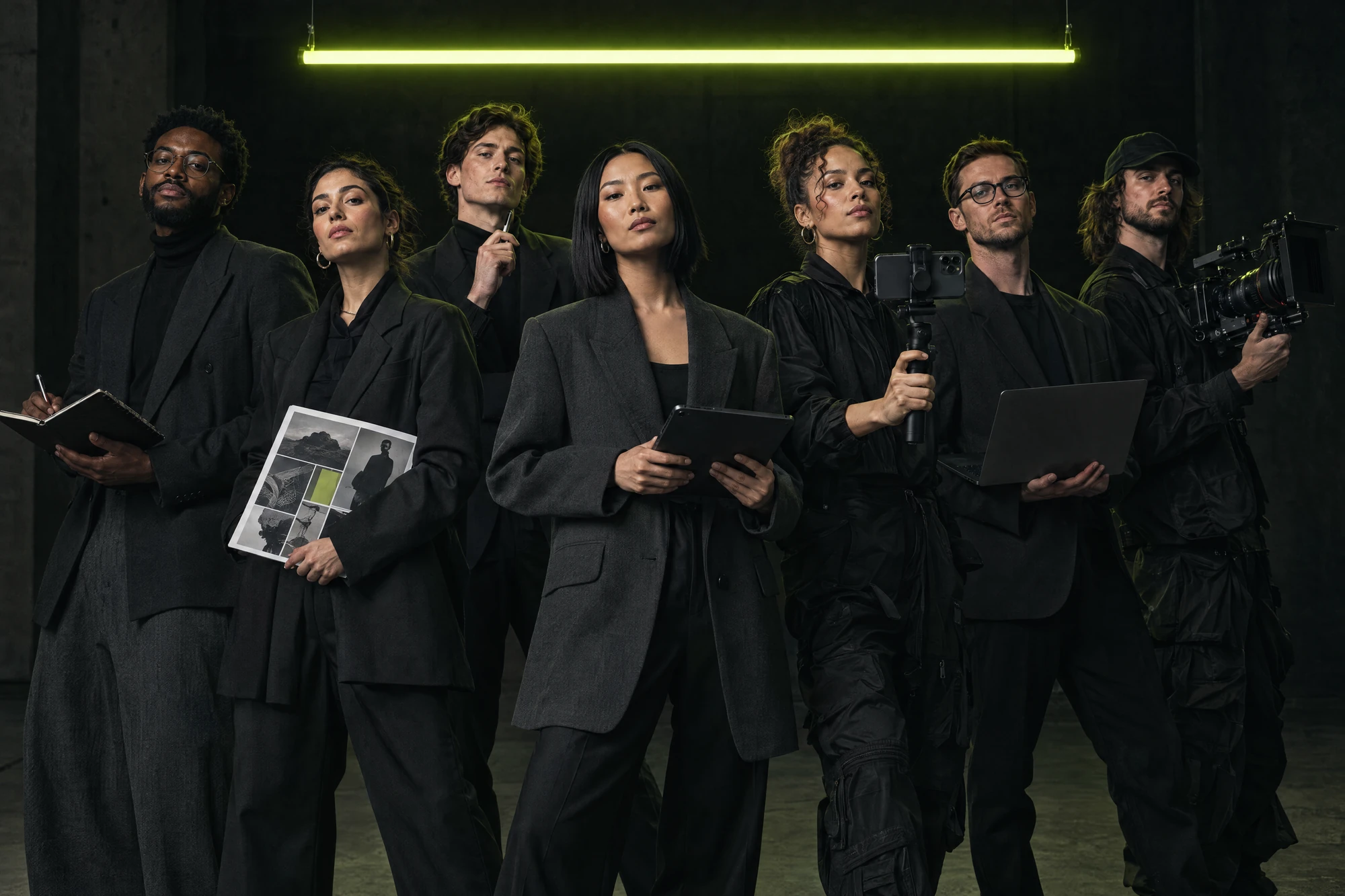 Team van zeven creatieve specialisten onder een neon lamp, elk met hun eigen gereedschap