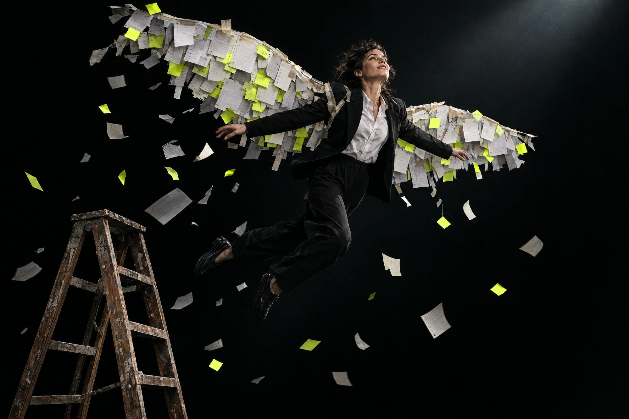 Marketeer springt van een ladder met vleugels van post-its die uit elkaar vallen