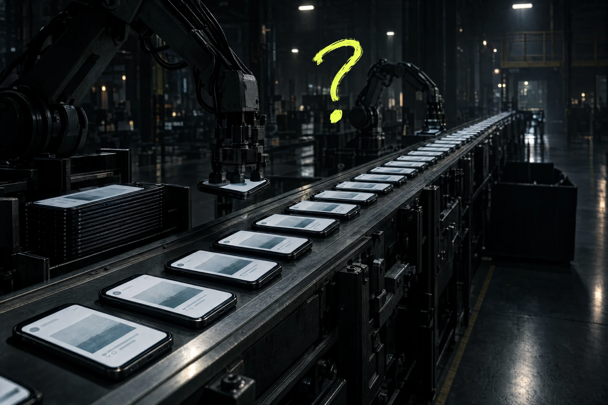 Lopende band in een donkere fabriek vol identieke smartphones met dezelfde post