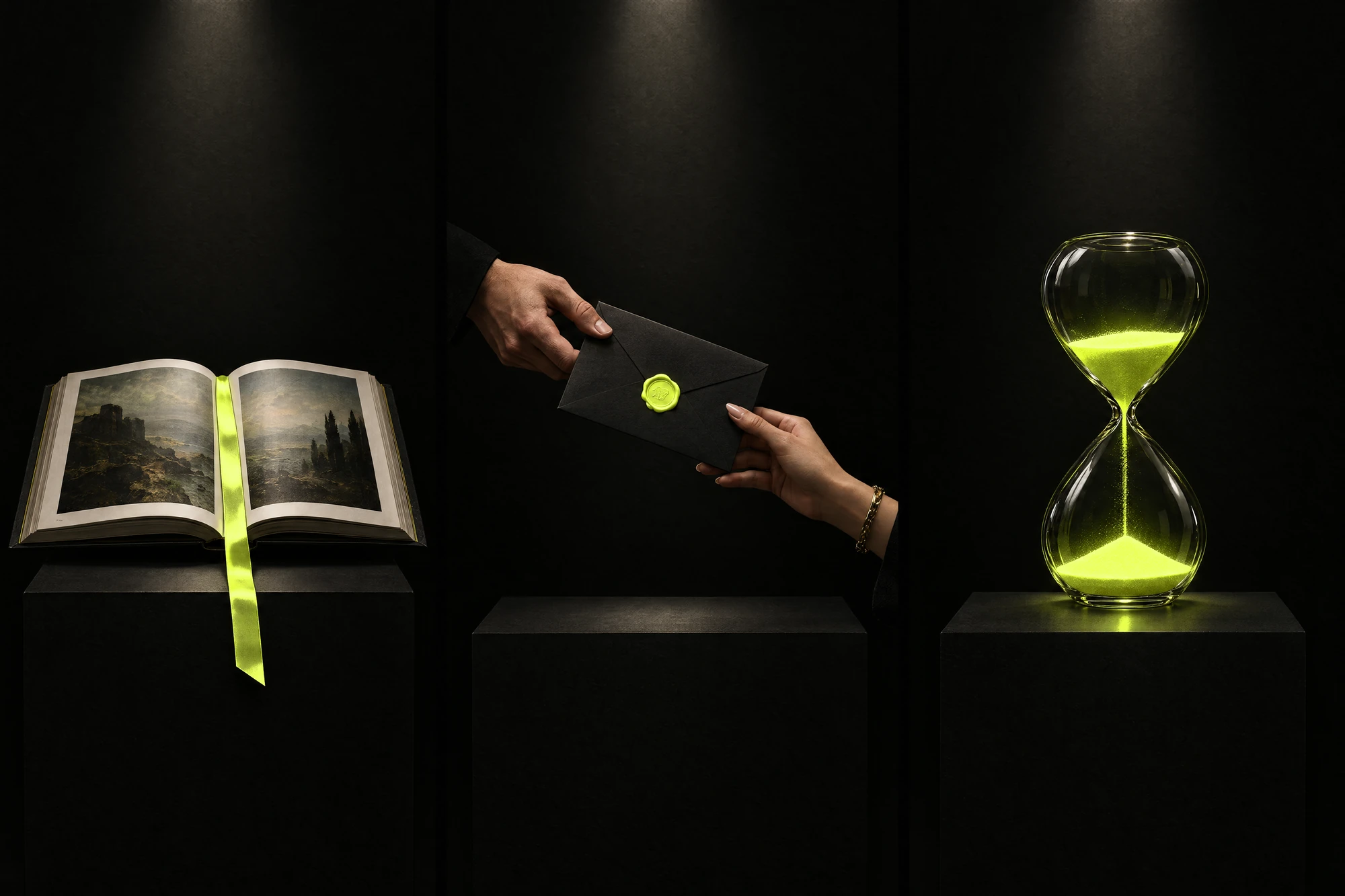 Boek met neon bladwijzer, envelop met neon zegel en neon zandloper: saves, shares en kijktijd