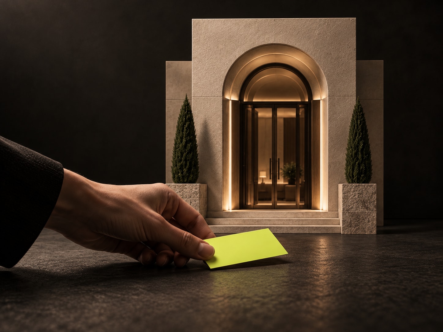 Een hand kiest met een neongele kaart voor een warme hotelentree in een donker architectuurmodel